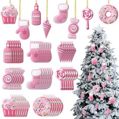 a christmas tree, cookie cutters, and other items are shown in pink for the holiday season