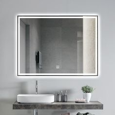 a bathroom with a sink, mirror and plants on the counter top in front of it