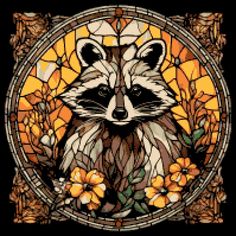 a raccoon sitting in front of a stained glass window with flowers on it