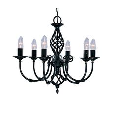 a black chandelier with five lights hanging from it's center and four arms