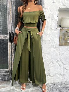 Women's Off Shoulder Lace Patchwork Crop Top And Front Knotted Wide Leg Pants Two Piece Set Dark Green Casual    Plain  Non-Stretch  Women Clothing, size features are:Bust: ,Length: ,Sleeve Length: Patchwork Crop Top, Dirndl Outfit, Bandeau Tops, 1920s Flapper Dress, Plunge Dress, Off Shoulder Crop Top, Short Playsuit, Top And Pants Set, Mini Robes