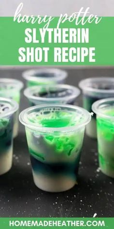 harry potter slyter shot recipe in plastic cups with green and white liquid on top