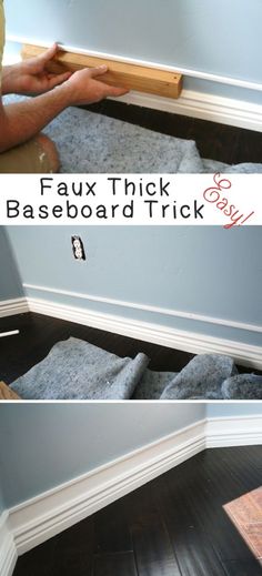 two pictures showing how to install baseboards in a room