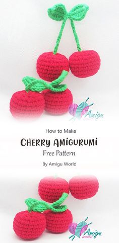 crocheted cherry amigurmi pattern with green leaves