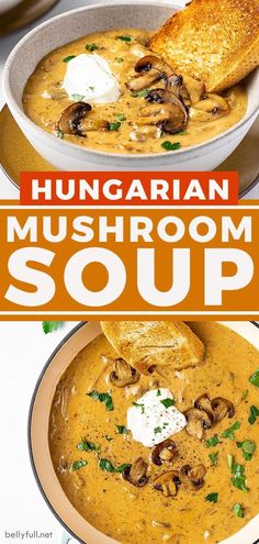 two bowls of mushroom soup with bread and sour cream on the side, in front of an orange sign that says hungarian mushroom soup