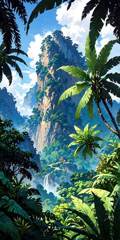 the jungle is full of lush green plants and trees, with mountains in the background