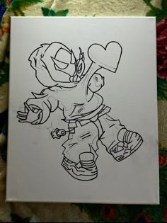 a drawing of a cartoon character with a heart on his head and one hand in the air