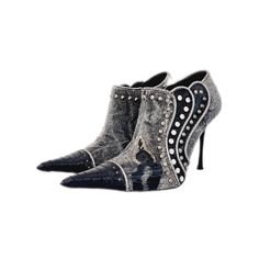 Rare vintage El Dantes heels with studded details and pointed toes. Made with metallic leather, distressed grey denim, black snakeskin print leather, and silver metal studs, these vintage stilettos sit at ankle height They originated in the 90s / y2k era and are very rare to find. These are excellent quality, restored vintage booties. Part of BBB's commitment to sustainability and fighting fast fashion means that all footwear sold are restored second hand shoes, or rare and unused deadstock pieces / no longer in production. Style: vintage edgy harajuku alt alternative 90s y2k style retro punk goth scene scenecore goblincore goblin core boho bohemian soft grunge gwen stefani steampunk avant garde bratz whimsygoth whimsigoth For international shipments, please provide a phone number and emai Gothic Boots With Reinforced Heel And Pointed Toe, Gothic Heeled Boots With Pointed Toe For Fall, Leather Punk Heels, Punk Boots With Reinforced Heel And Pointed Toe, Edgy Heels With Metal Feet And Pointed Toe, Gothic Pointed Toe Heels For Alternative Fashion, Punk Style Pointed Toe Boots With Rivets, Punk Pointed Toe Studded Heels, Punk Boots With Rivets And Pointed Toe