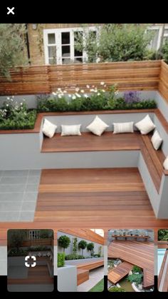 an image of a wooden deck with benches and plants in the center, surrounded by greenery