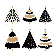 christmas trees drawn in black and gold ink