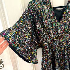 This Is One Of The Most Beautiful, Fun, Artsy, Eclectic And Whimsical Sequin Dresses I’ve Ever Had In My Closet. I Just Love Looking At It, But It Deserves More Nights Out, Or Someone More Brave Wearing Color. Excellent Condition- See Detail Photos For A Loose String Or Two. Otherwise Unnoticeable And Magnificent. Glamorous Multicolor V-neck Sequin Dress, Flutter Sleeve Mini Dress For Party, Summer Party Mini Dress With Flutter Sleeves, Spring Party Dress With Butterfly Sleeves, Chic Flutter Sleeve Dress For Party, Chic Flutter Sleeve Party Dress, Spring Mini Dress With Butterfly Sleeves For Party, Spring Night Out Dress With Flutter Sleeves, Fitted Dress With Butterfly Sleeves For Parties