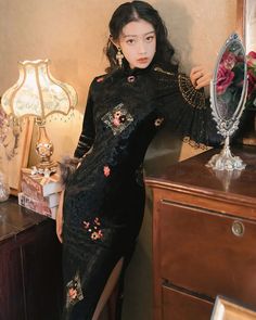 Black Asian Qipao Women's Winter Thickened Dress - Weqipao Traditional Fitted Dress With Stand Collar, Traditional Cheongsam With Stand Collar For Tea Ceremony, Traditional Long Cheongsam For Party, Long Traditional Cheongsam For Party, Traditional Fitted Dress For Tea Ceremony, Banquet Ao Dai With Stand Collar, Modern Qipao Wedding, Qipao Wedding Dress, Red Chinese Dress