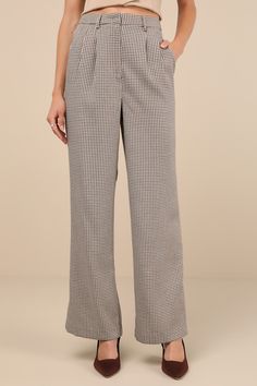 Let the Lulus Pivotal Poise Beige Houndstooth High-Rise Straight Trousers become the focal point of your most sophisticated looks this season! Lightweight woven fabric boasts a timeless houndstooth plaid pattern throughout as it shapes a high, banded waist with belt loops and a hidden clasp closure above a hidden zip fly. Tailored pleated details, front diagonal pockets, and decorative welt pockets at the back accent the straight pant legs that fall to full-length, split hems. Fit: This garment Elegant Houndstooth Pattern Bottoms For Workwear, Elegant Houndstooth Bottoms For Workwear, Elegant Houndstooth Workwear Bottoms, Elegant Houndstooth Bottoms For Work, Plaid Trousers, Houndstooth Dress, Straight Trousers, Straight Pants, Split Hem