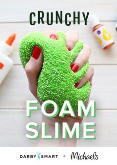 a hand holding a foam slime with the text crunchy foam slime on it