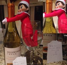 an elf with a wine glass and bottle in front of it on a counter top