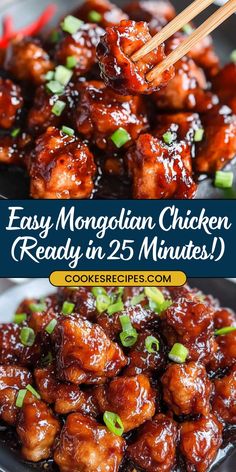 chicken with sauce and chopsticks in a black bowl on a white plate, next to the words easy manhattan chicken ready in 25 minutes