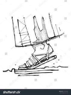 an ink drawing of a sailboat on the water, with lines drawn in it