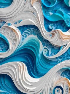 an abstract blue and white wallpaper with swirly shapes on it's surface