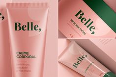 three different views of the same product in pink and green colors, one with cream on it