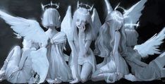 four white angels sitting on the ground with their hands in their pockets, all wearing crowns