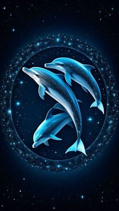 two dolphins are swimming in the blue water with stars on it's side and one dolphin is jumping out of the water