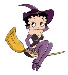 an image of a cartoon character flying on a broom with a hat and purple outfit