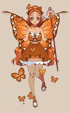 a woman dressed as a butterfly holding a wand and wearing a dress with butterflies on it