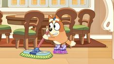 a cartoon dog is cleaning the floor with a mop in front of a dining room table