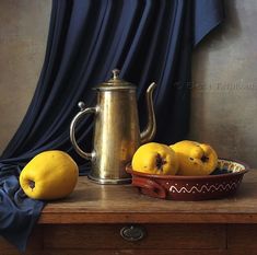 a painting of lemons and a teapot on a table