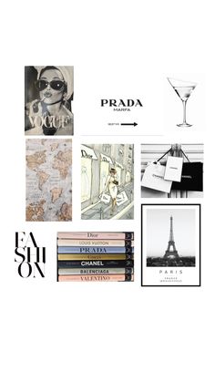 an image of the word prada written in black and white with images of paris