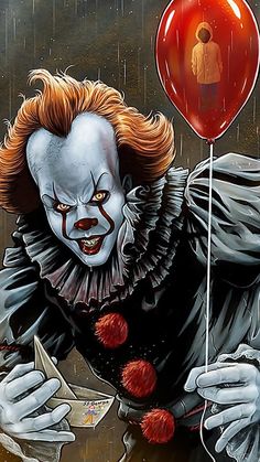 a painting of a creepy clown holding a red balloon