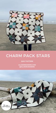 a woman holding up a quilt on the beach with text overlay that reads charm pack stars