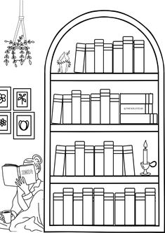 a black and white drawing of a book shelf with books on it's shelves