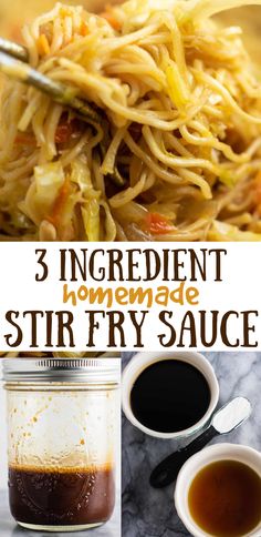 three ingredients to make stir fry sauce in jars and spoons with text overlay that reads, 3 ingredient goes with everything stir fry fry sauce