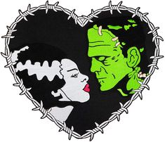 Universal Monsters Frankenstein & Bride Heart Embroidered Iron On Back Patch Frankenstein Bride, Frankenstein Art, Posca Marker, Universal Monsters, Bride Of Frankenstein, Classic Horror, Halloween Stickers, Halloween Wallpaper, Back Patch