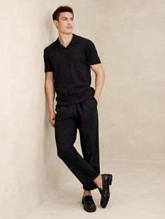 Variegated Ribbed Polo | Banana Republic Factory Men’s Black Outfits Summer, Mens Professional Fashion Summer, Black Wear For Men, Mens Black Summer Outfit, Male Model Clothing, Casual Men Clothes, Work Fits Men, Men’s All Black Dress Outfit, Mens Semi Casual Outfits