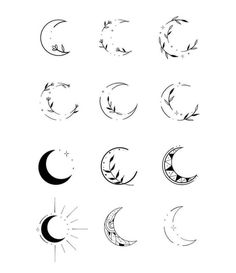 twelve phases of the moon in black and white with stars, crescents and sun