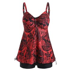 Floral Paisley Drawstring Tankini Set - Cherry Red - 5342853912 - Women's Clothing, Women's Swimwear  #WomensSwimwear #Women's #Clothing # #Women's #Swimwear Ruched Tankini, Blouson Tankini, Paisley Flower, Plus Size Tankini, Printed Tankini, Plus Size Vintage, Swim Tankini, Tankini Set, Retro Print