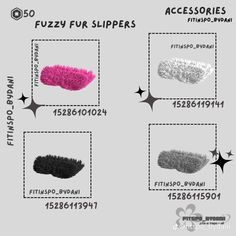 four different types of fuzzy fur slippers on a gray background with black and white stars