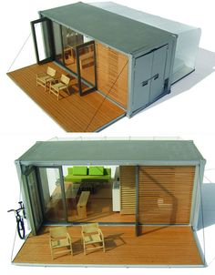 two views of the inside and outside of a tiny house with wooden floors, windows, and sliding doors