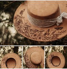 Burned Hats Sunflower, Burned Felt Hat Design, Hand Burned Hats, Burned Hat Design, Diy Leather Hat, Branded Hats, Hat Branding