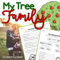 two children reading books in front of an apple tree with the words, my tree family