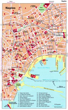 a map of the city of naples, france with red buildings and lots of water