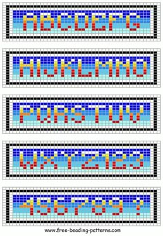 an image of a cross stitch pattern in blue, red and yellow colors with the words free beading patterns on it