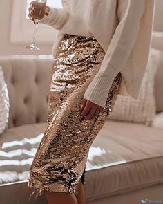 OrcaJump - Expansive Waistband Sparkling Skinny Skirt Womens Skirt Outfits, Sequin Pencil Skirt, Sequin Midi Skirt, Bling Fashion, Rock Outfit, Sequin Party, Party Kleidung, Pants Outfits, Half Skirt