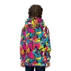 Elevate your child's streetwear style with our vibrant Graffiti Art Hoodie. This hoodie is designed to make a statement, featuring an all-over graffiti pattern that captures the energy of urban art. The graffiti pattern boasts a mix of urban typography, spray-painted textures, and neon colors, creating a dynamic and eye-catching look that's perfect for the young trendsetters. Crafted with comfort in mind, this hoodie is made from high-quality materials to keep your child cozy and stylish. It's t Playful Hooded Hoodie For Streetwear, Playful Hoodie With Drawstring Hood For Streetwear, Playful Multicolor Sweatshirt For Streetwear, Multicolor Graffiti Print Sweatshirt For Winter, Multicolor Graffiti Print Winter Sweatshirt, Multicolor Graffiti Print Sweatshirt For Streetwear, Spray Paint Graffiti, Paint Graffiti, Graffiti Pattern