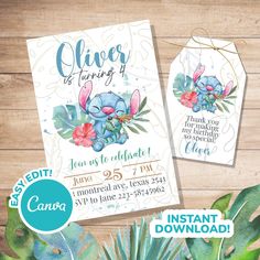 an elephant baby shower card with flowers and leaves on the front, next to a wooden background