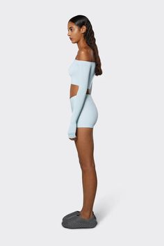 RAINS Show W Shorts. Limited edition high-waisted shorts in soft stretch jersey. Sky. Style # 21380-81 Minimal Top, Shoes Boutique, Sky Color, Beautiful Sky, Laguna Beach, Unisex Shorts, Black Crop Tops, Curator Style, Long Sleeve Crop Top