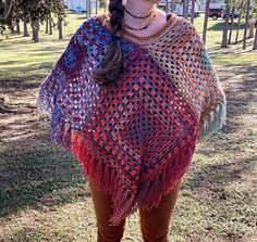 "Crochet Granny Square Poncho Material - acrylic/polyester Size - S-XXL model in pics is sz M/L, 5'7\" Machine wash in a garment bag in cold water and lay flat to dry. Made in a smoke free and animal hair free home.  FREE SHIPPING IN THE US This item is ready to ship!" One Size Granny Square Poncho For Fall, Fall Granny Square Poncho One Size, Granny Square Poncho, Casual Bracelets, Ladies Poncho, Free Hair, Pet Hair, Crochet Granny, Granny Square