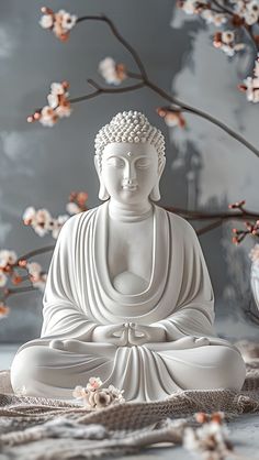 a white buddha statue sitting on top of a table next to a branch with flowers